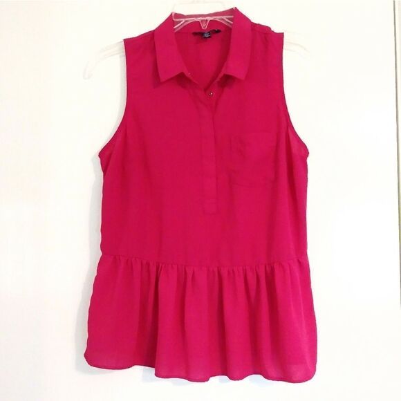 American Eagle Hot Pink Collared Peplum Tank Top - Picture 1 of 5